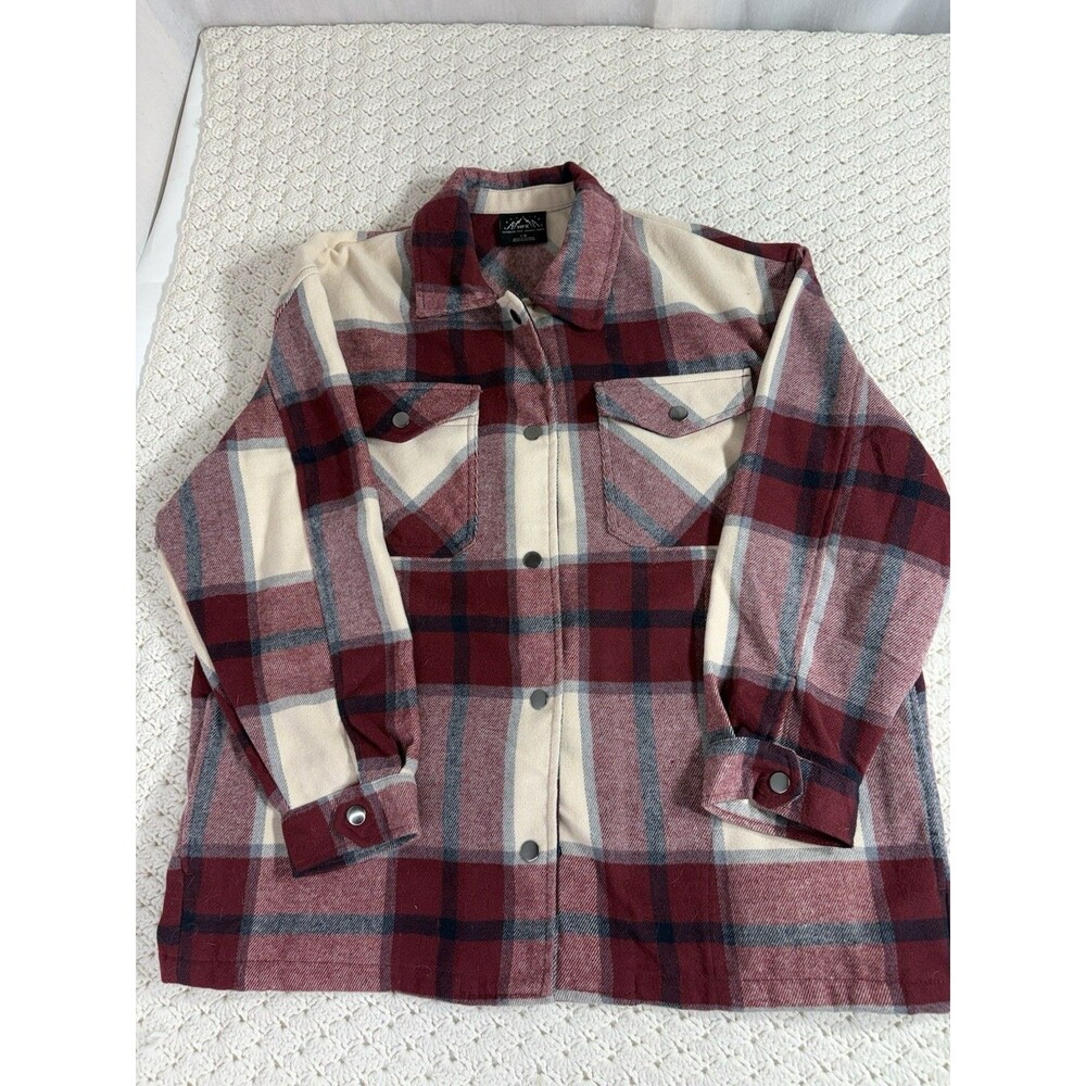 HFX Mens Plaid Flannel Button-Up Shirt Large Red Tan Long Sleeve Pockets EUC